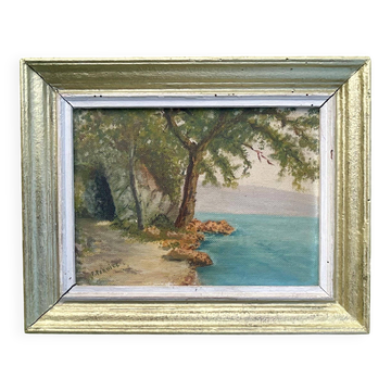 940s French Oil Landscape – Lake View from Aix-les-Bains, Signed Painting