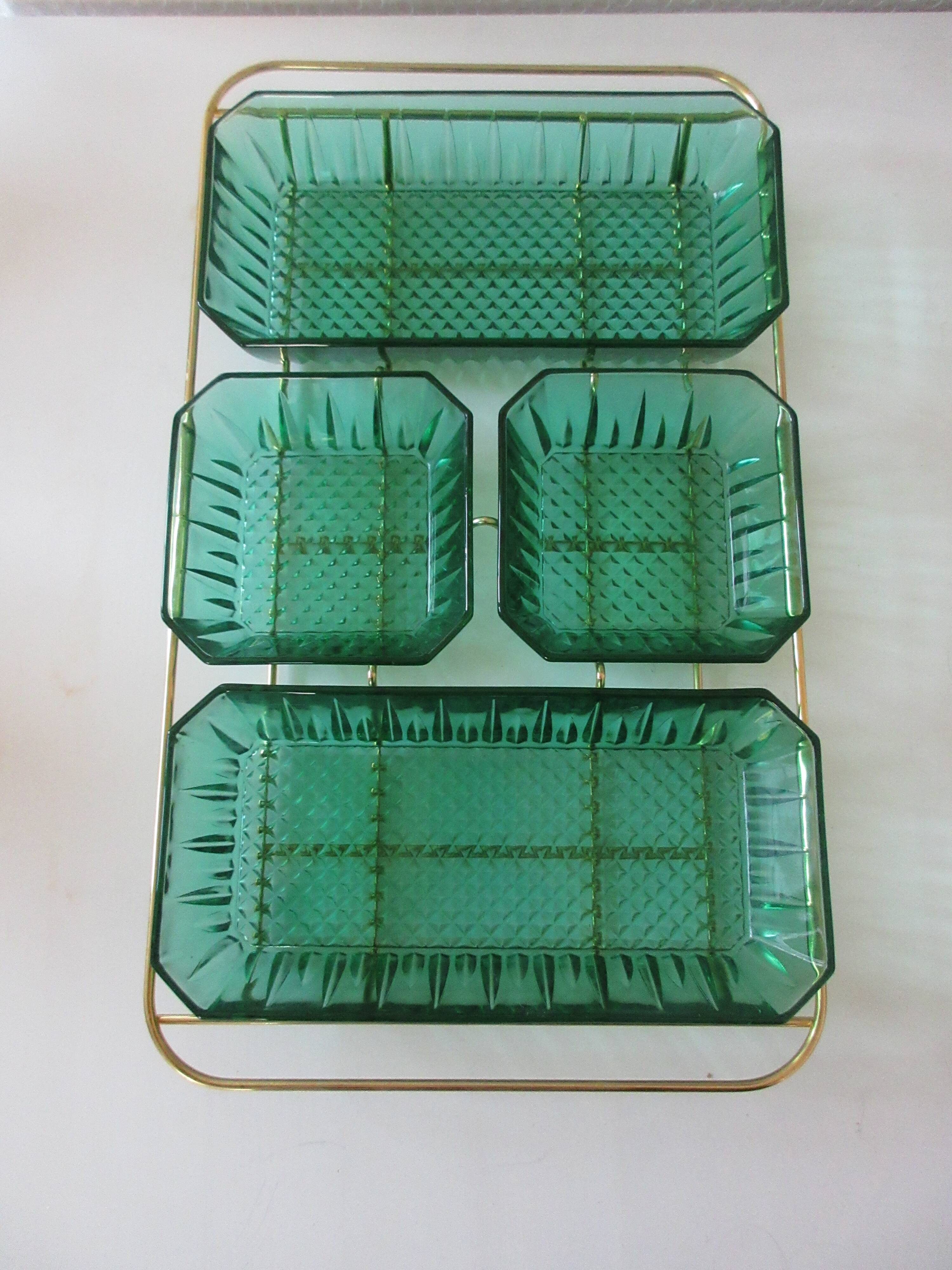 Golden vintage aperitif tray with green ramekins Arcoroc-France
