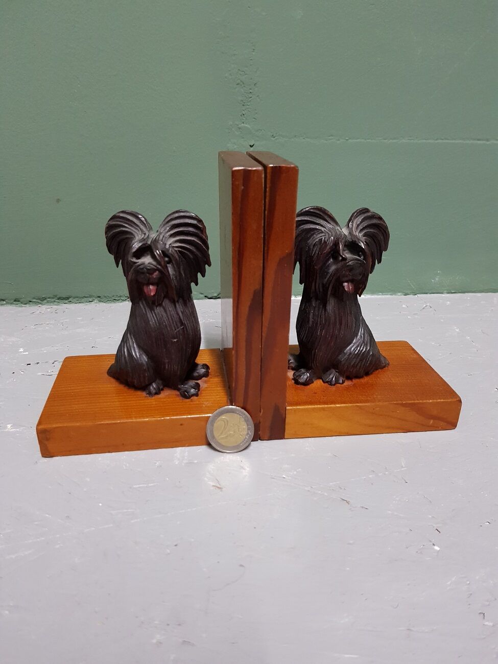 Mid 20th century wooden bookends with carved sitting dogs