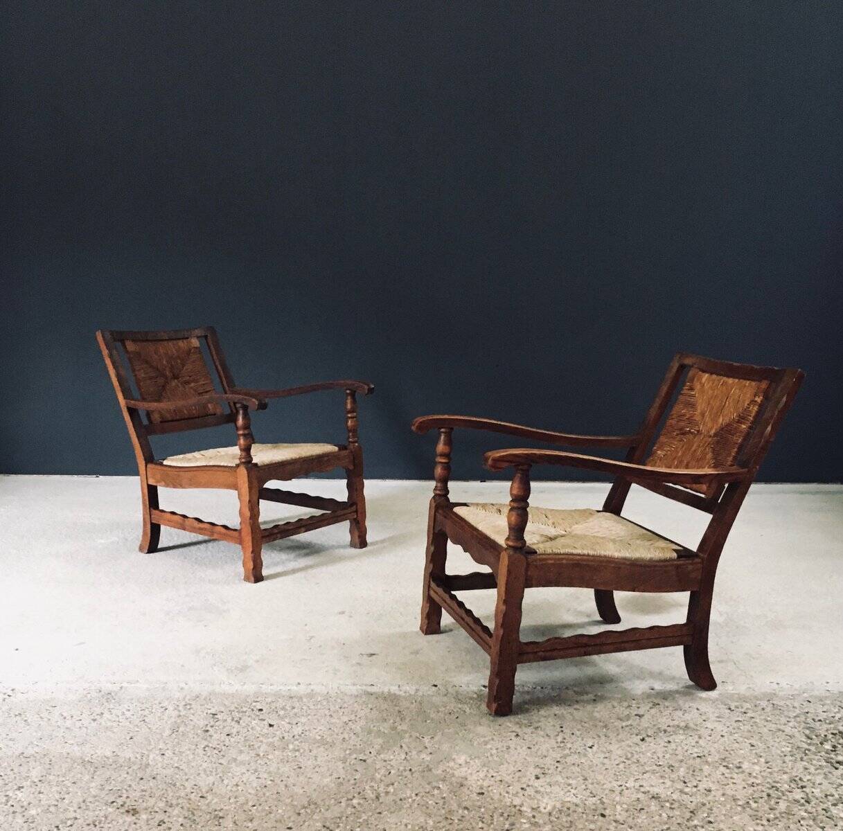 Arts & Crafts Handcrafted Low Lounge Armchairs, Belgium, 1920s, Set of 2