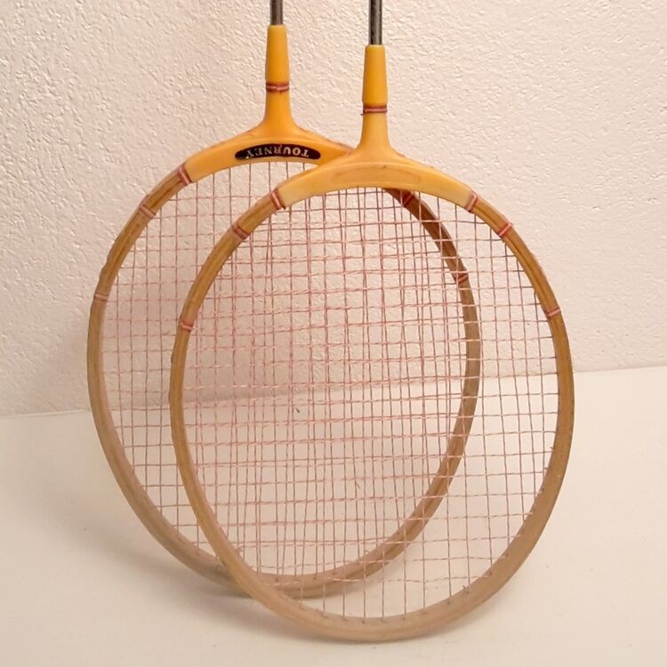 pair old wooden badminton rackets