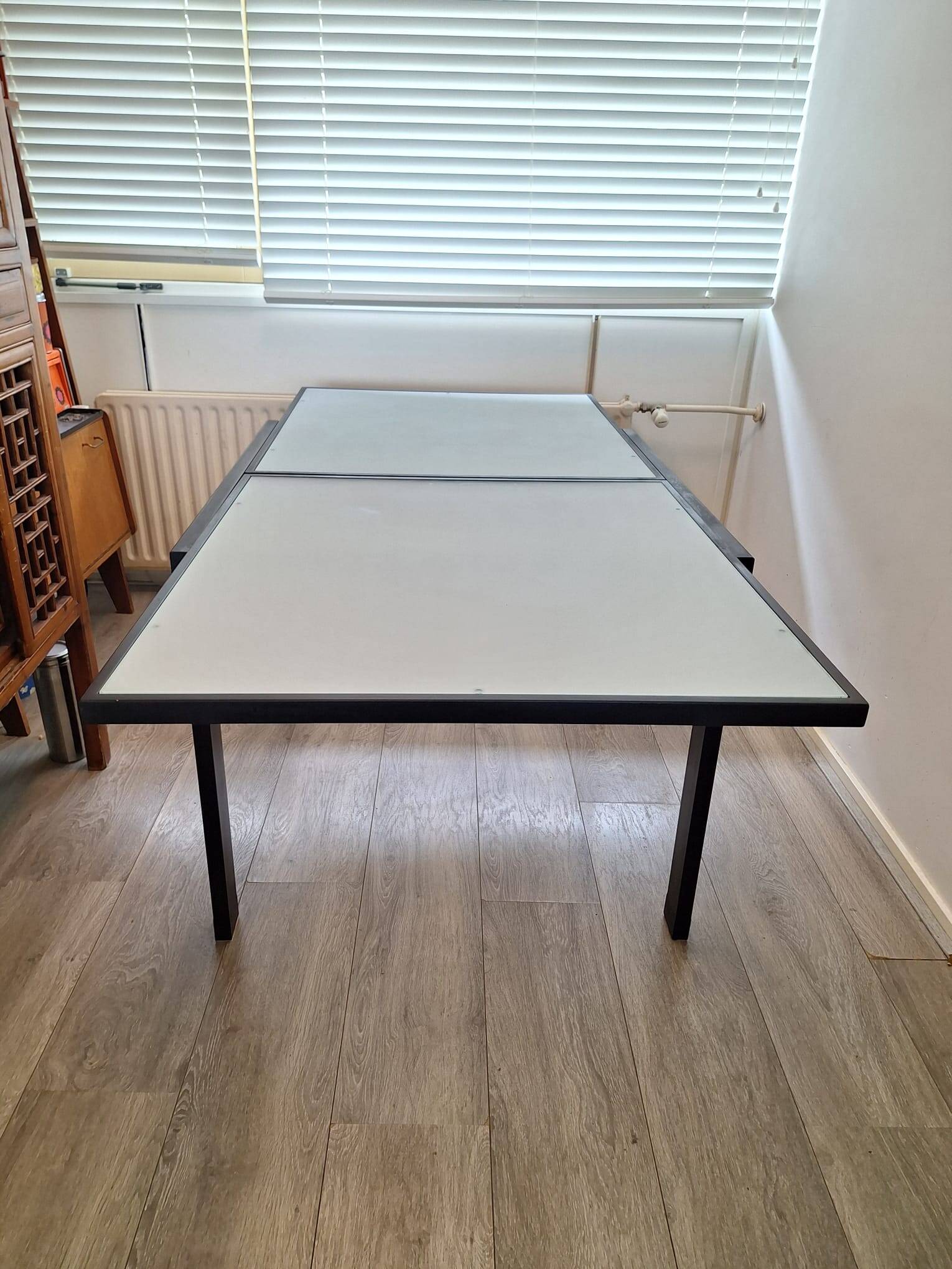 Italian metal table with frosted glass top, extendable.