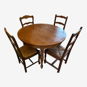Table ronde avec rallonge et 4 chaises bois