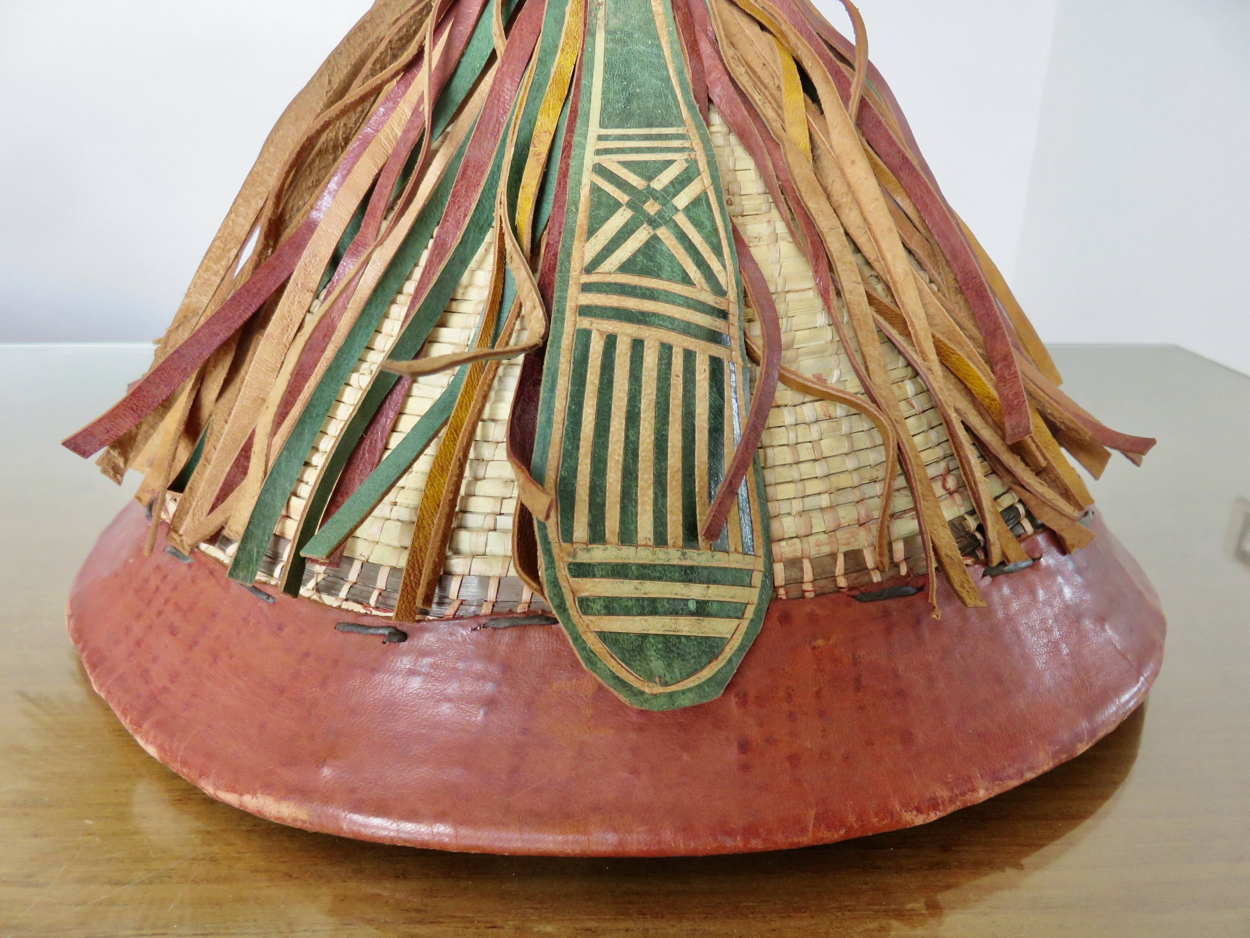 African conical hat, Fulani, in leather and braided rope, 1900s