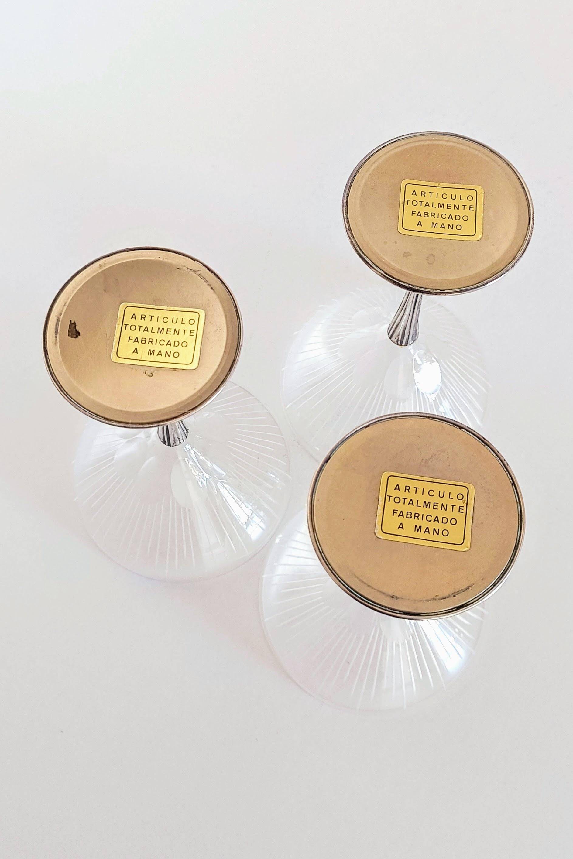 Art Deco Champagne Glasses Set of 3, Sterling Silver & Cut Glass