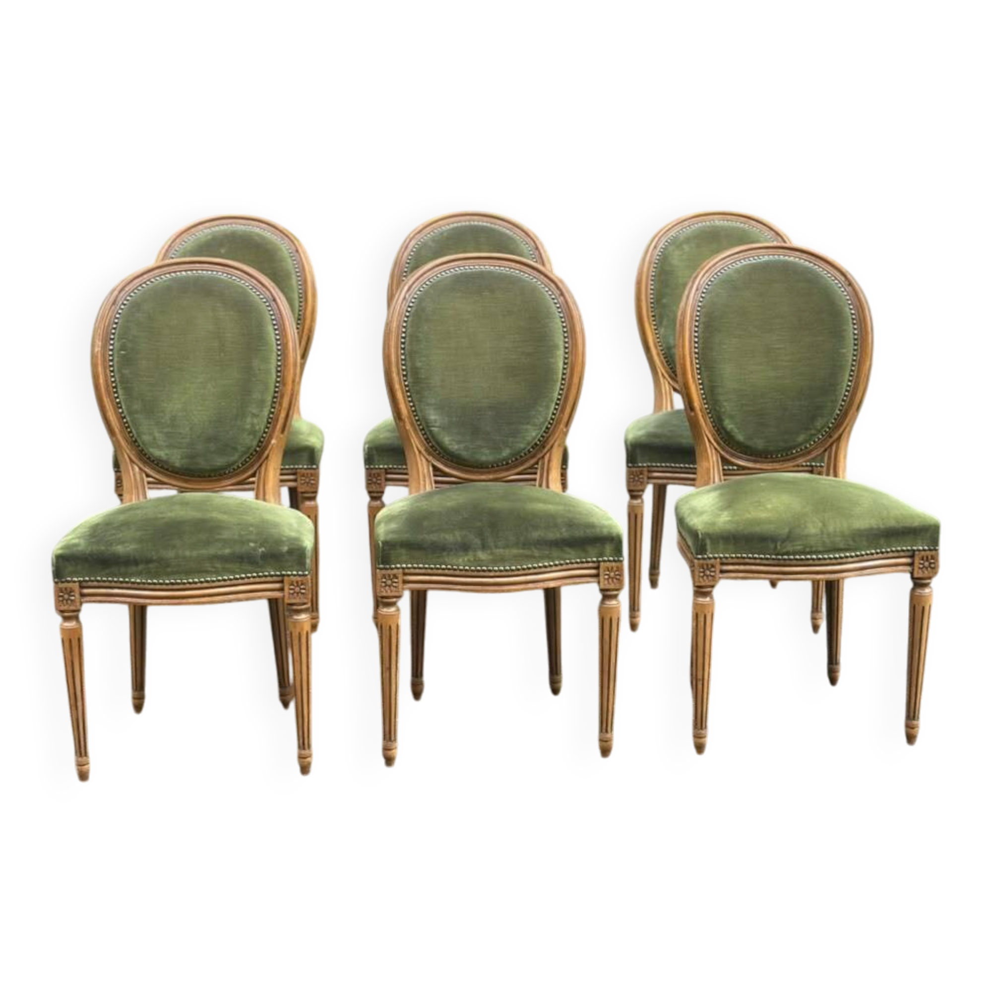 Set of 6 Louis XVI medallion chairs in green velvet, 1950.
