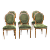 Lot de 6 chaises médaillon Louis XVI velours vert 1950