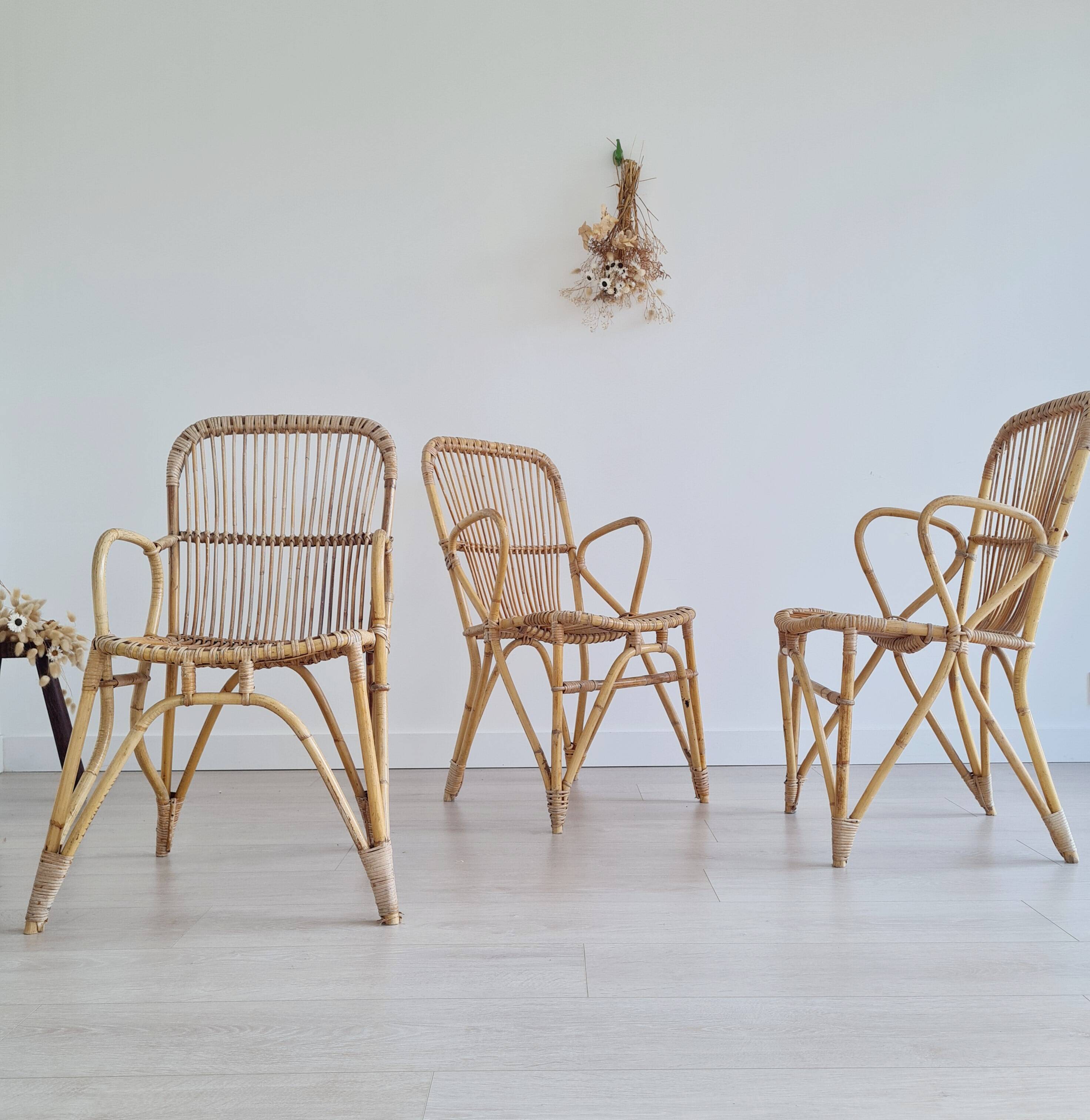 3 antique rattan armchairs