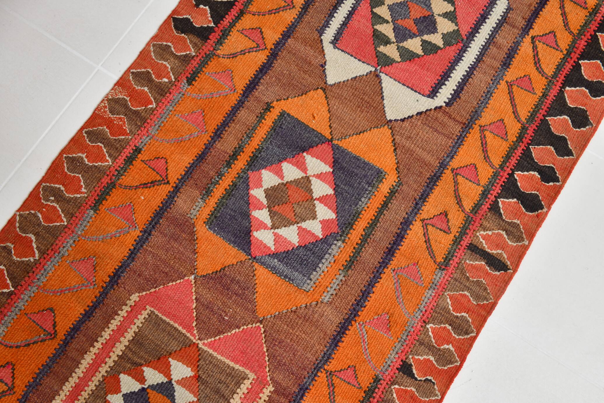 3x11 Orange & Brown Kilim Runner Rug, 88x330Cm
