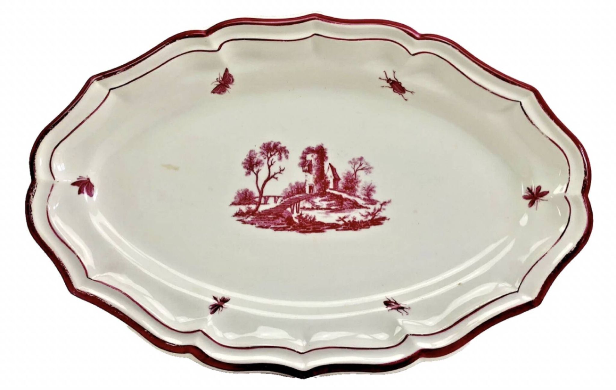 Old oblong oval dish 41.5 x 27 Gien model landscape pink 1938/1960