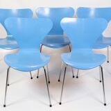 Set Of 5 Seven Chairs Model 3107 In Light Blue By Arne Jacobsen From 1980s