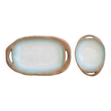 2 blue stoneware dishes