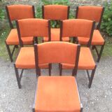 Series of 6 vintage chairs in orange fabric and black lace-up.