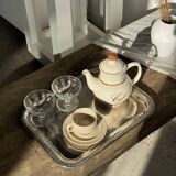 Set of 4 vintage speckled beige stoneware coffee cups.