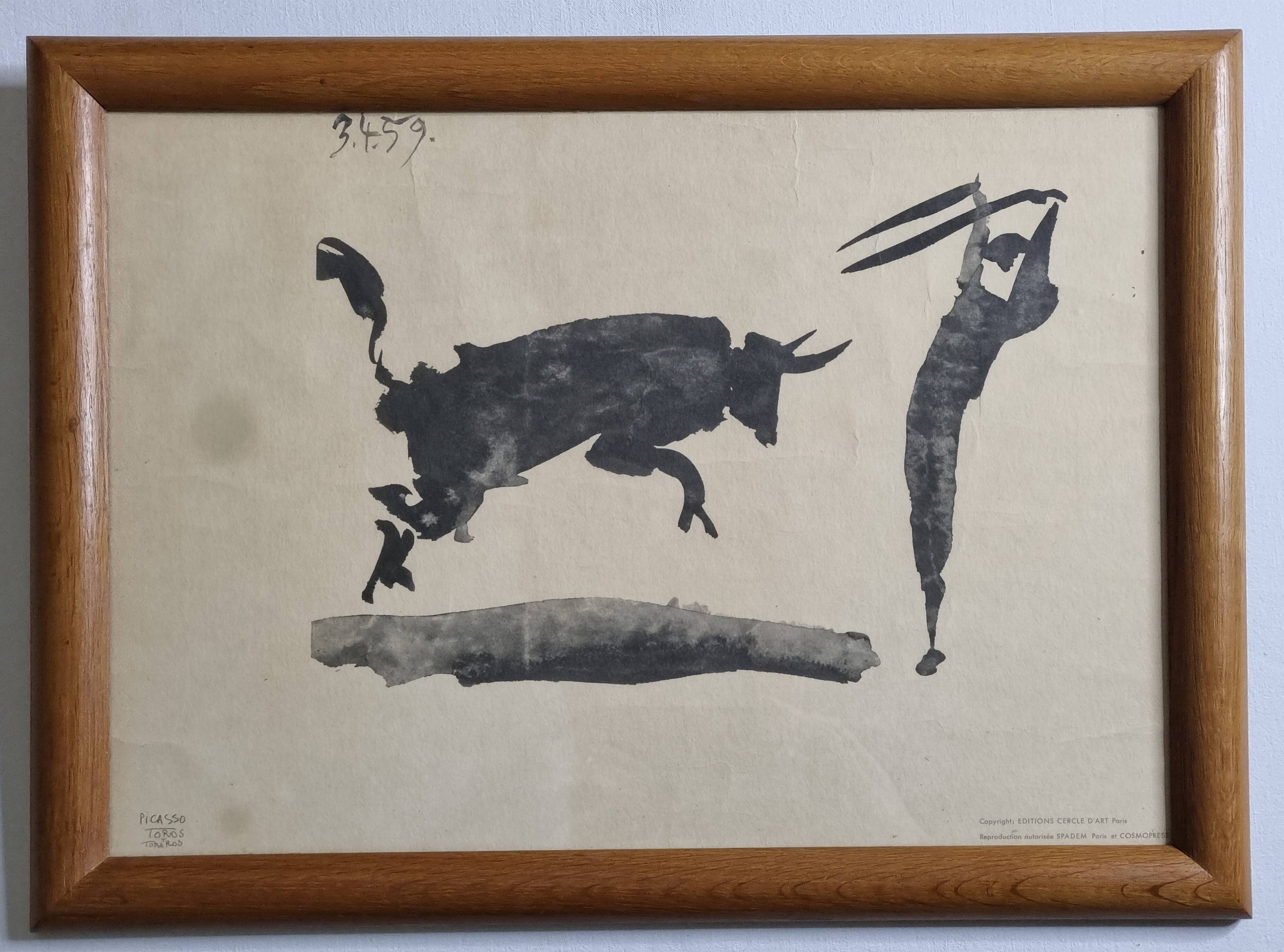 Reproduction vintage d'après Picasso, "Toros y Toreros" encadrée sous verre 52 cm