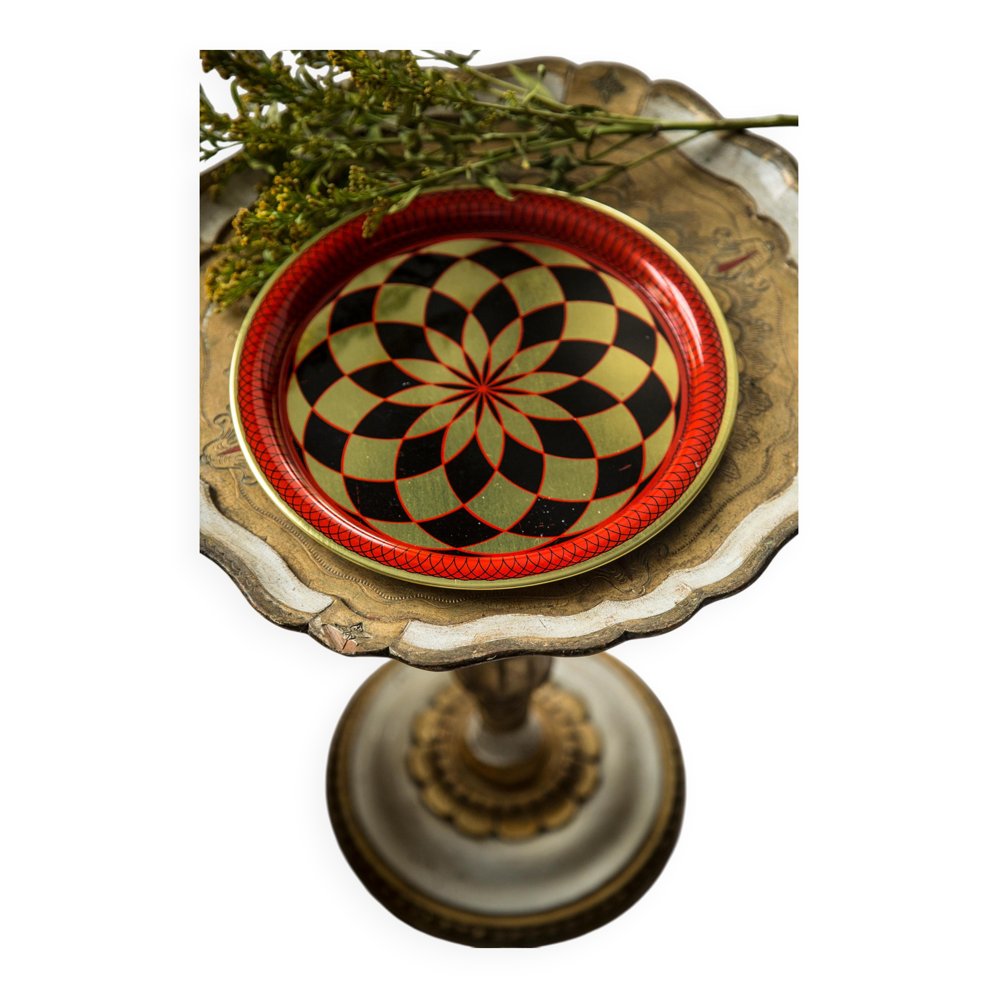 Vintage decorative plate in red, black, and gold metal, Poland, 1960s.