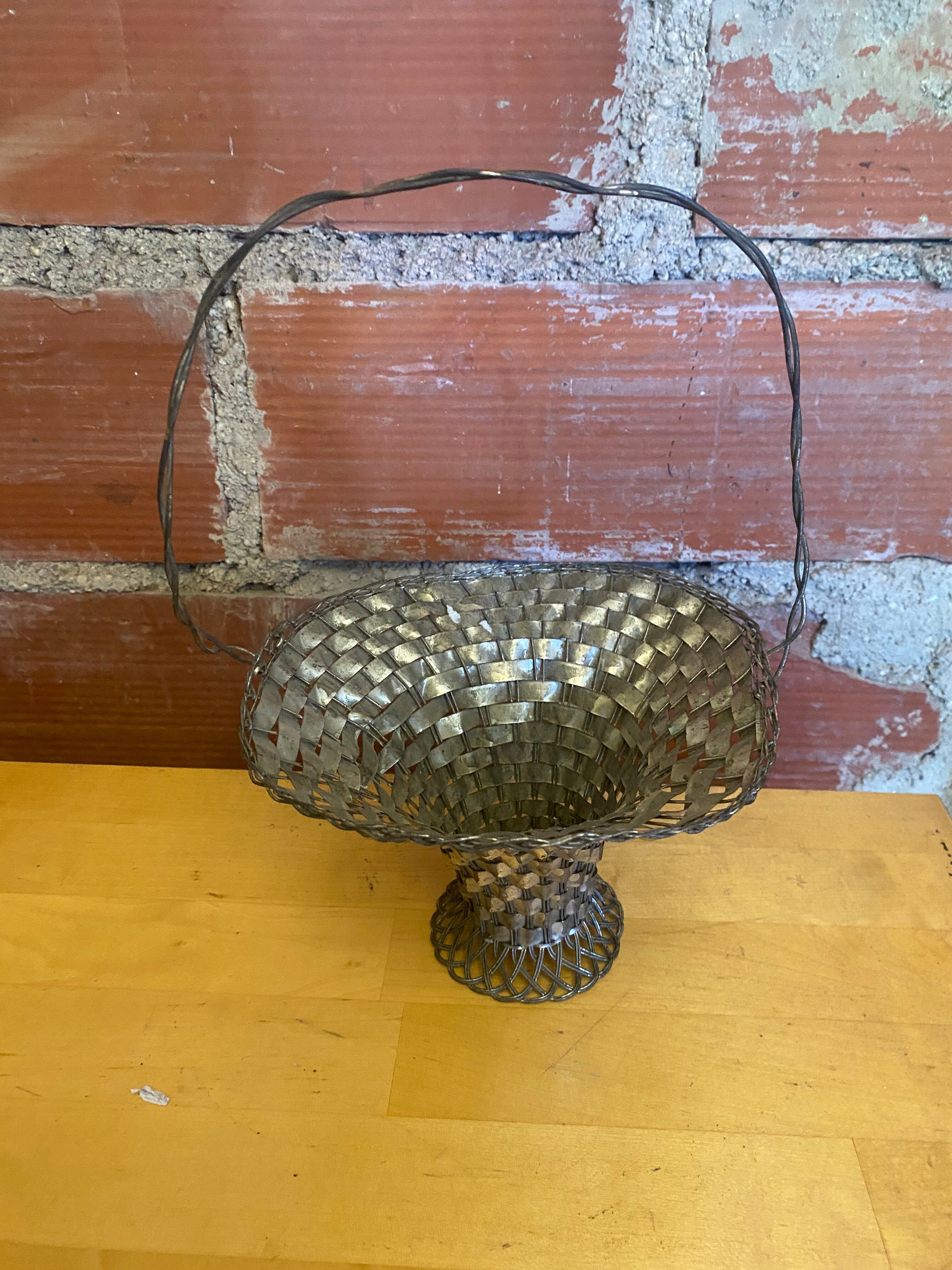 Panier Tressé Ancien Metal Argenté Vintage #E015