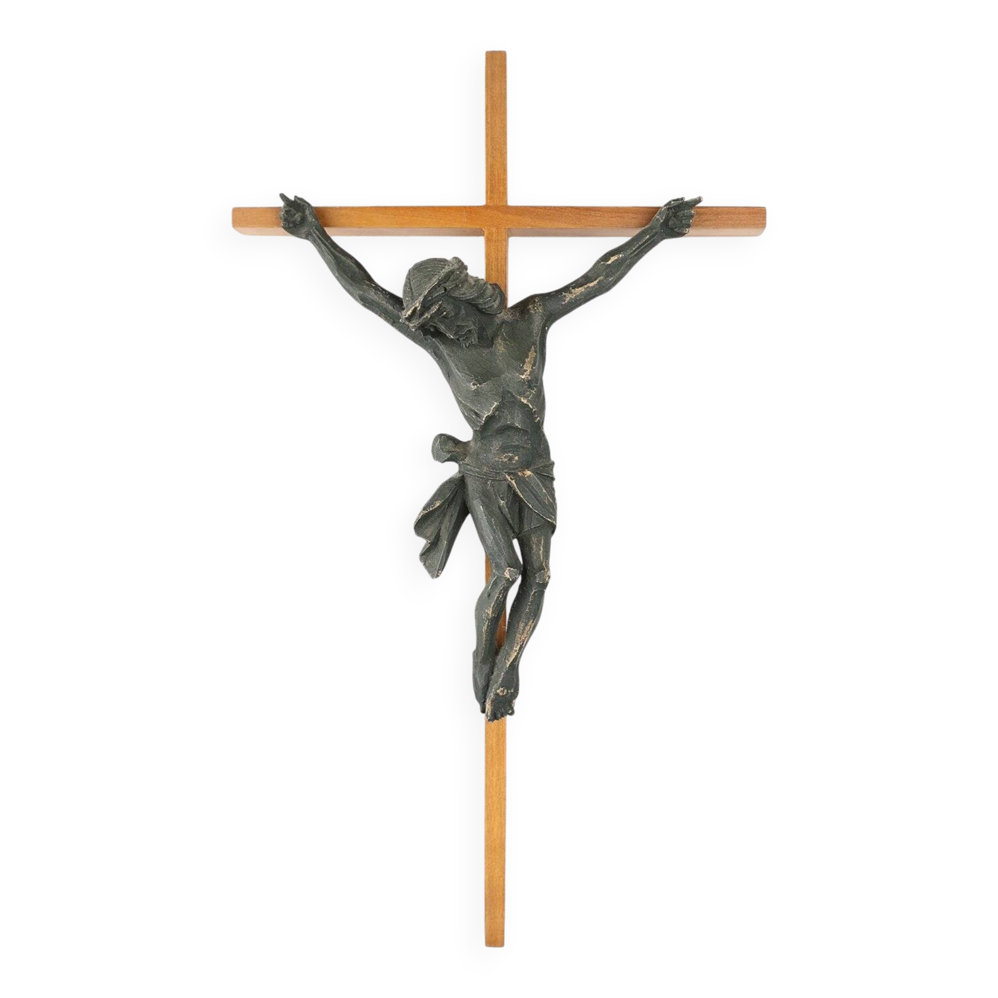 Antique Realistic Wooden Crucifix, France, 1850