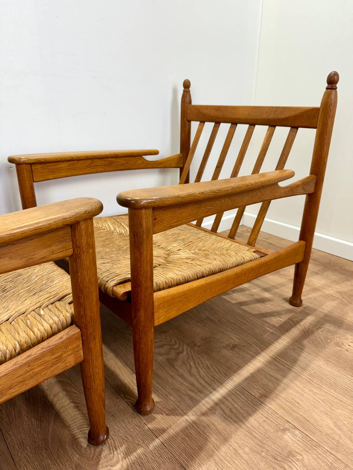 Pair of wooden and straw armchairs