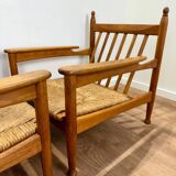 Pair of wooden and straw armchairs