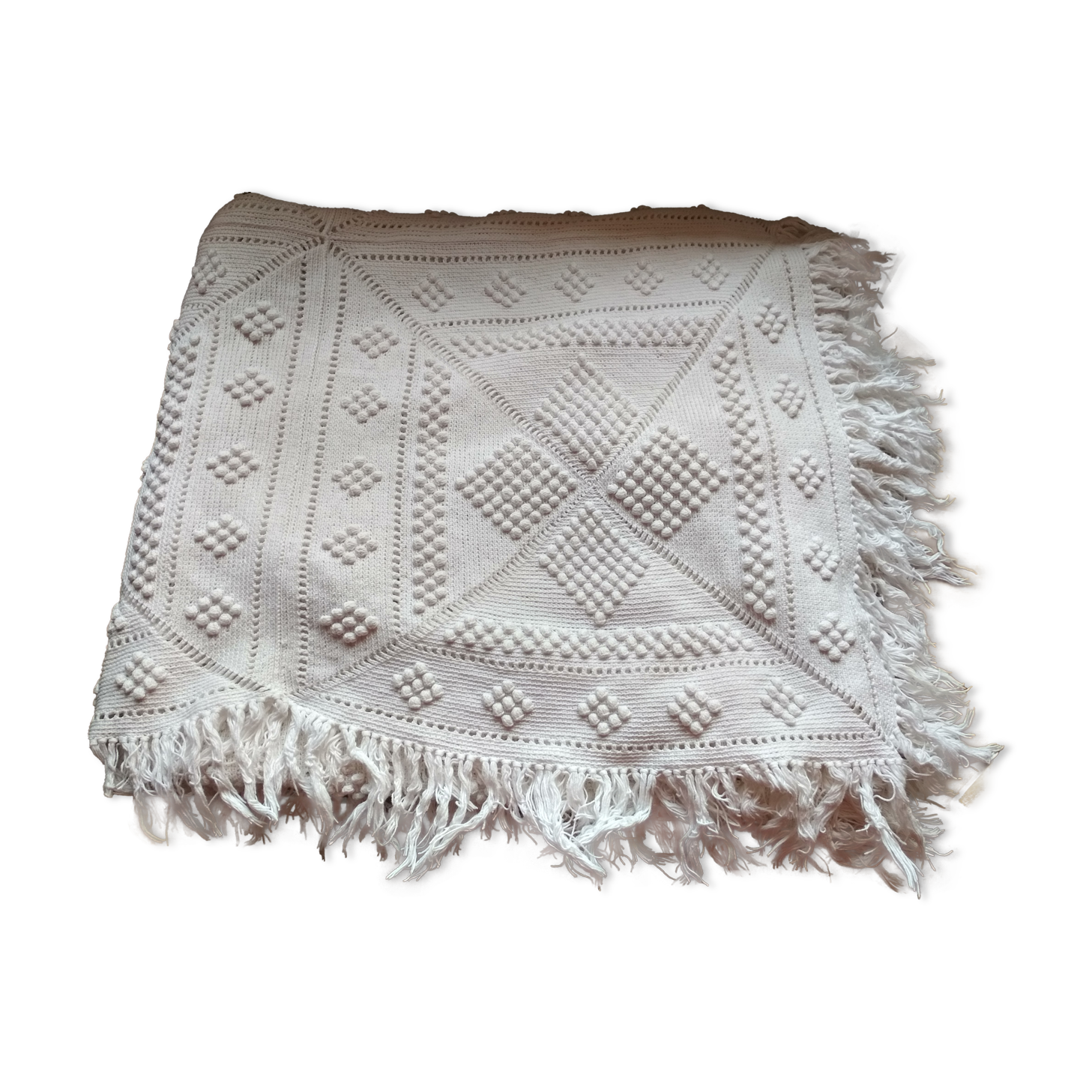 White cotton bed top, old crochet bed throw