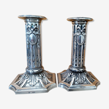 Goldsmith Victor Saglier (1809-1894) Pair of silver metal candle holders in Louis XVI style