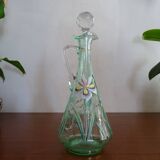 Ancienne carafe émaillée de fleurs en verre