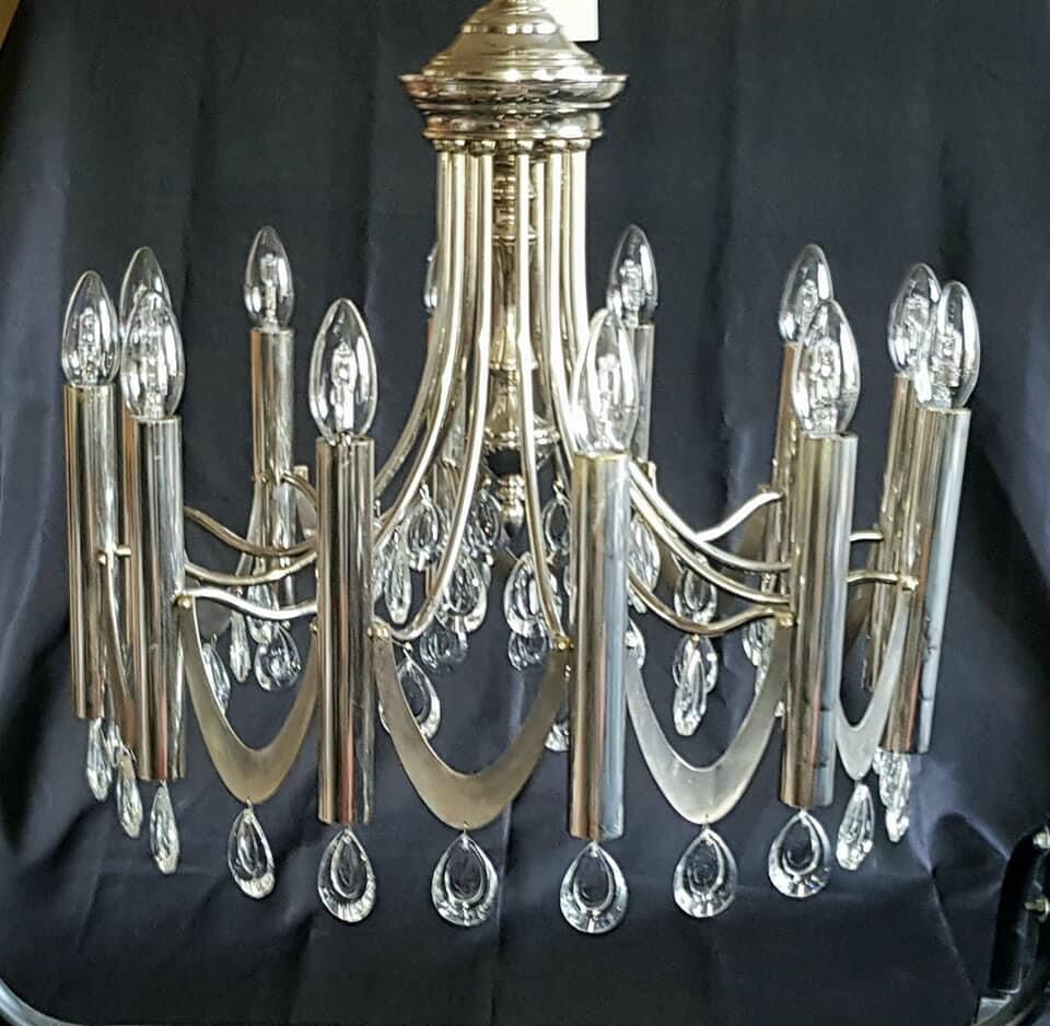 Magnificent rare large chandelier design chromed metal, stainless steel, tassels crystal pop age