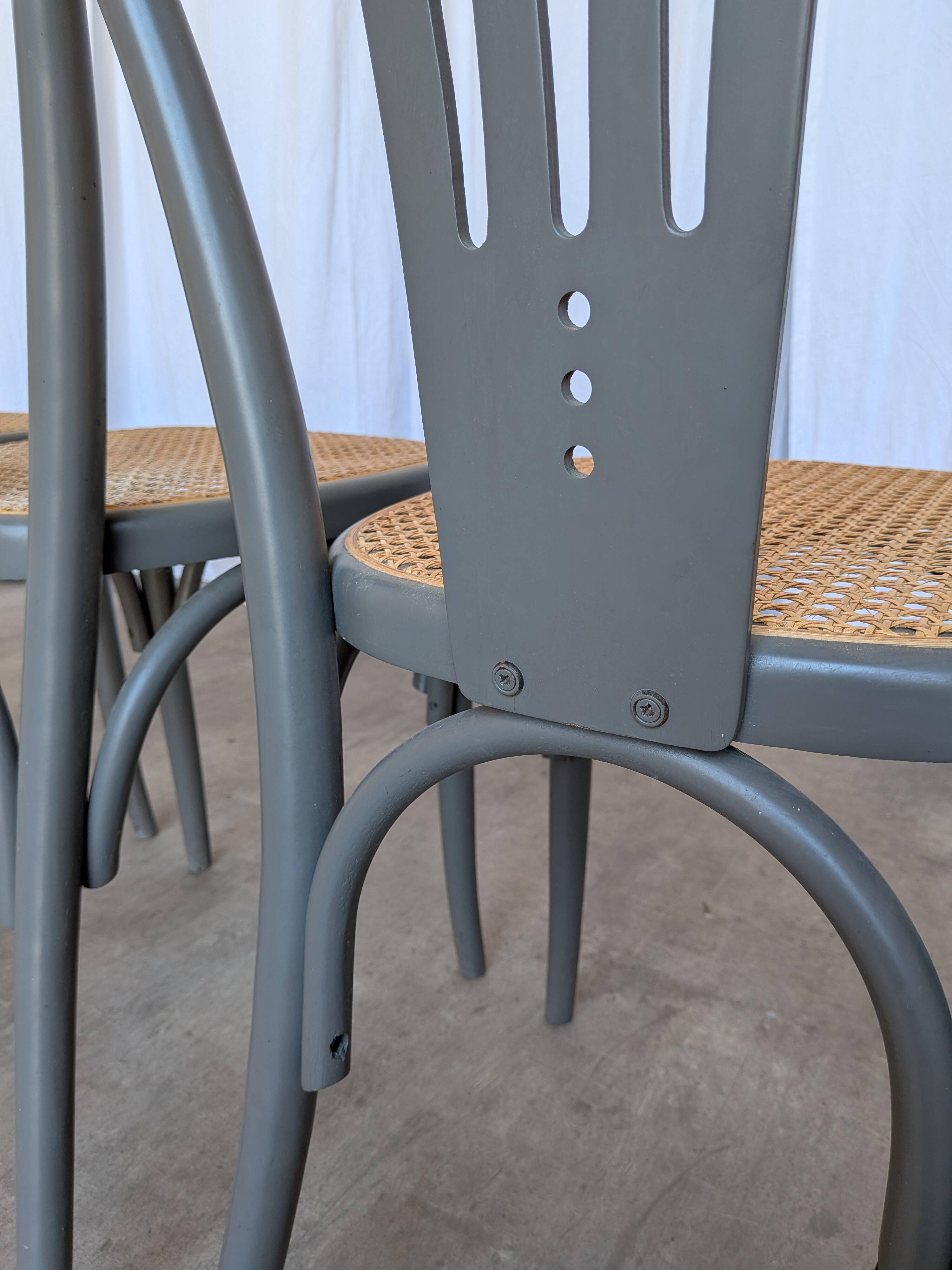 Set of 4 Vintage Gray Thonet Style Dining Chairs with Cane Seat