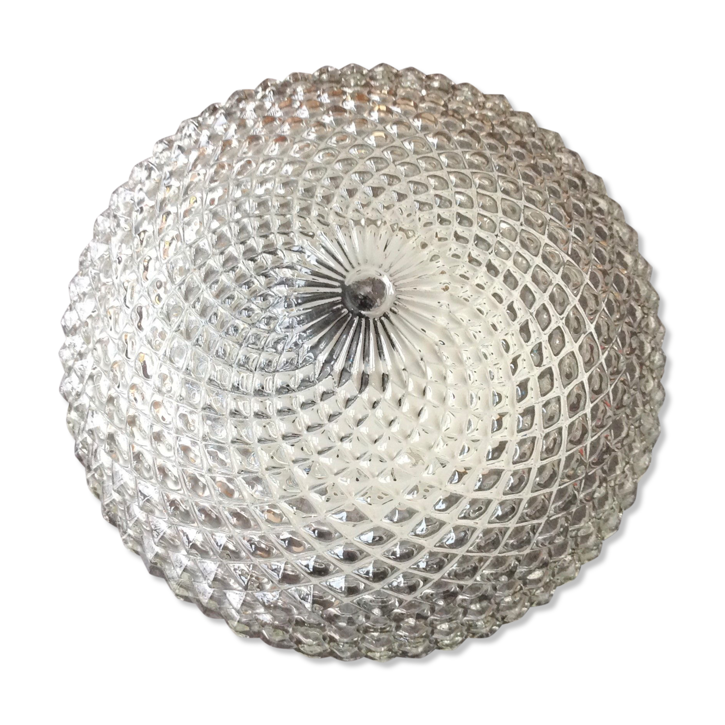 Round glass ceiling lamp diamond tips, vintage 60/70s