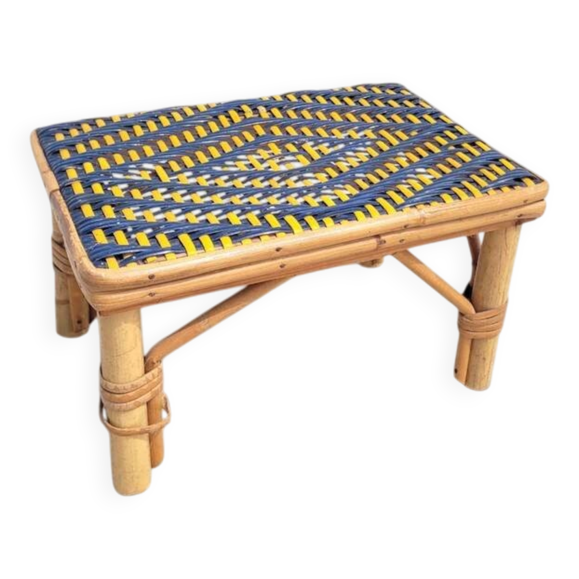 Petite tablette d’appoint en rotin jaune et bleu marine