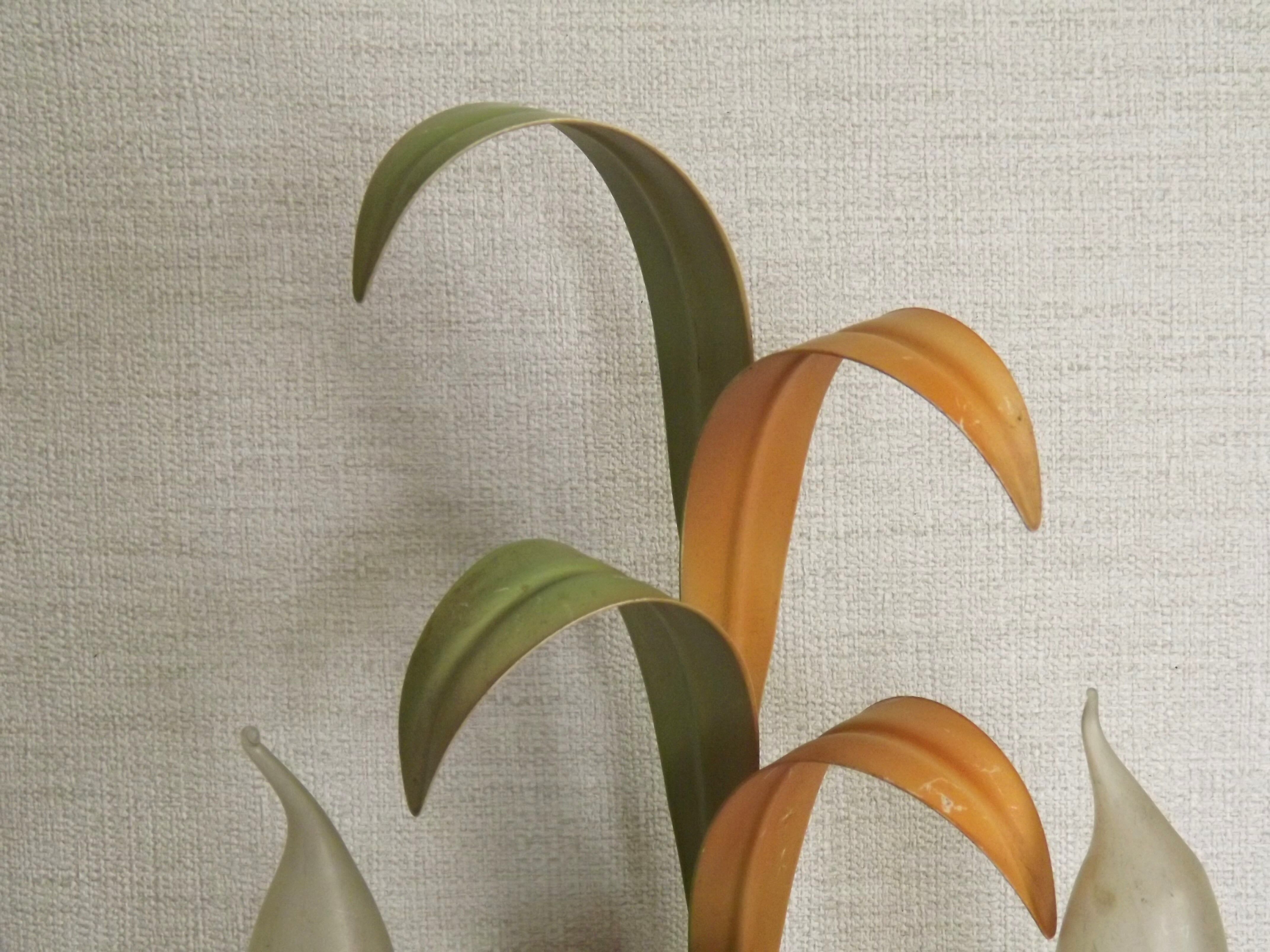 French vintage metal double wall light with peach and green leaves.