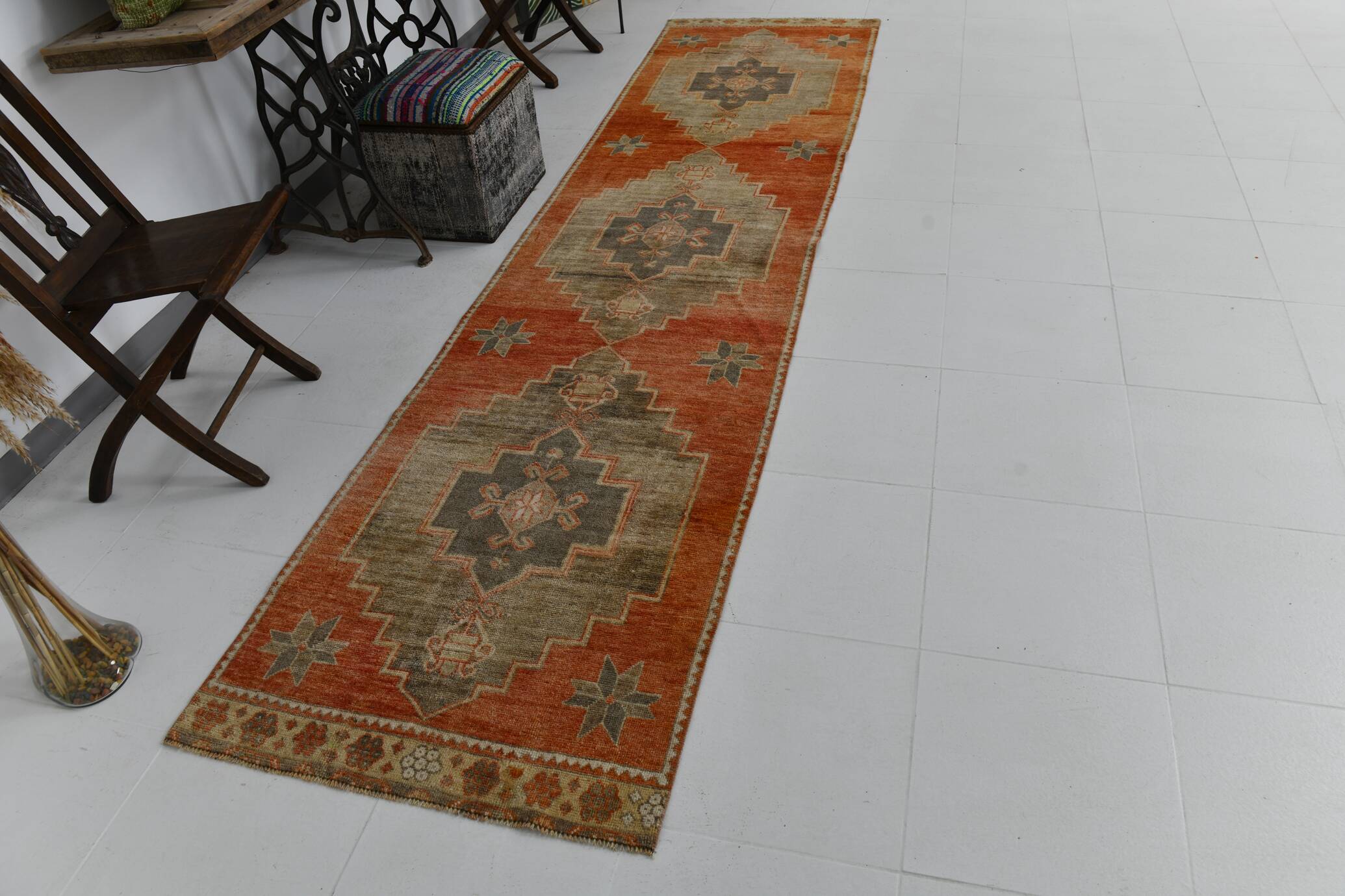 3x12 shades of brunt orange oushak runner rug