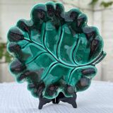 Vintage slip serving dish - Green leaf with black veneered edge