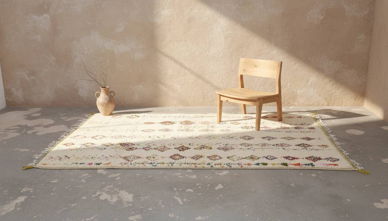 Azilal rug 305×195 cm – Ivory Moroccan Berber rug with multicoloured tribal diamonds, GO-974