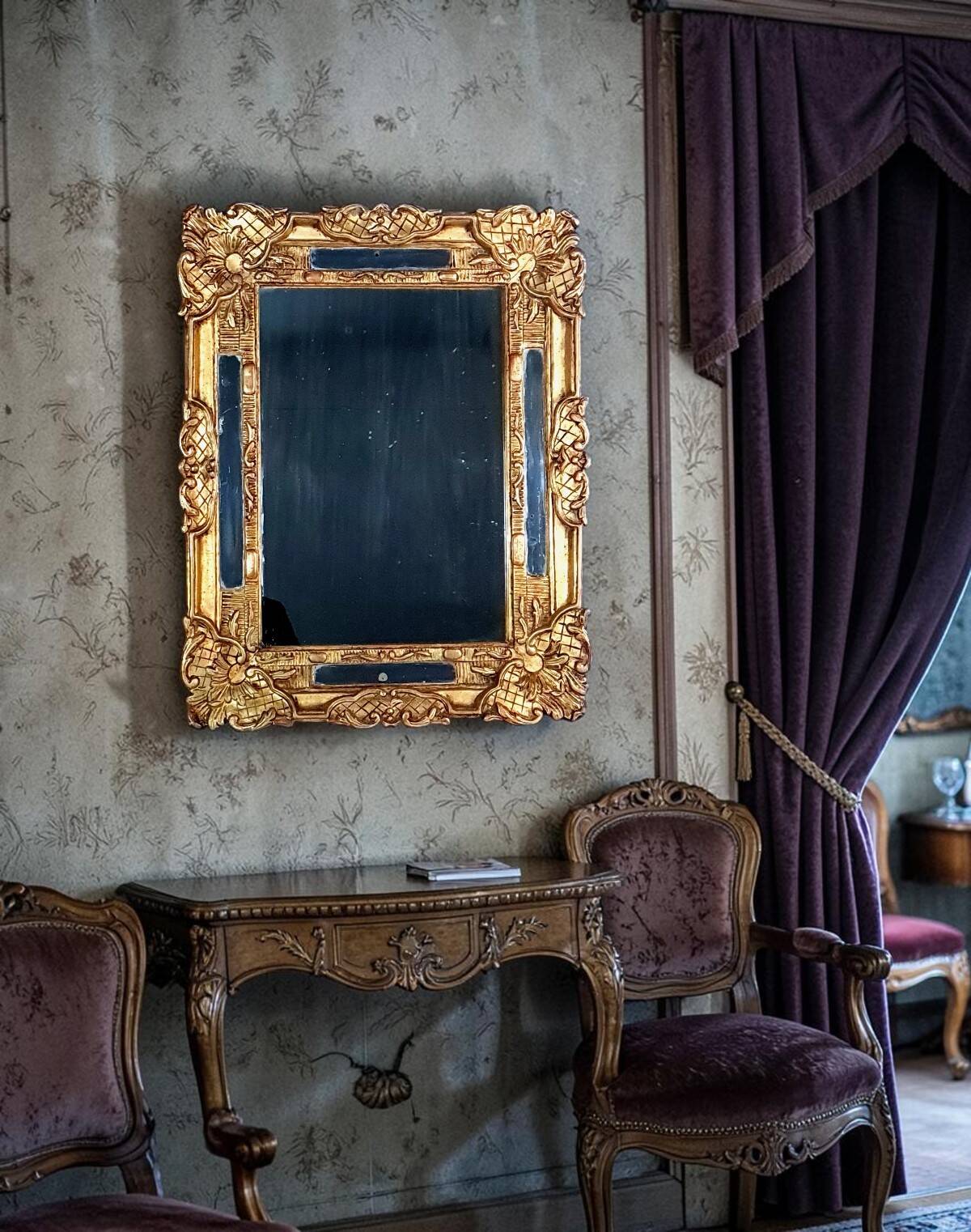 Antique mirror with carved wood frame and original gilding, 69x53 cm, C820.
