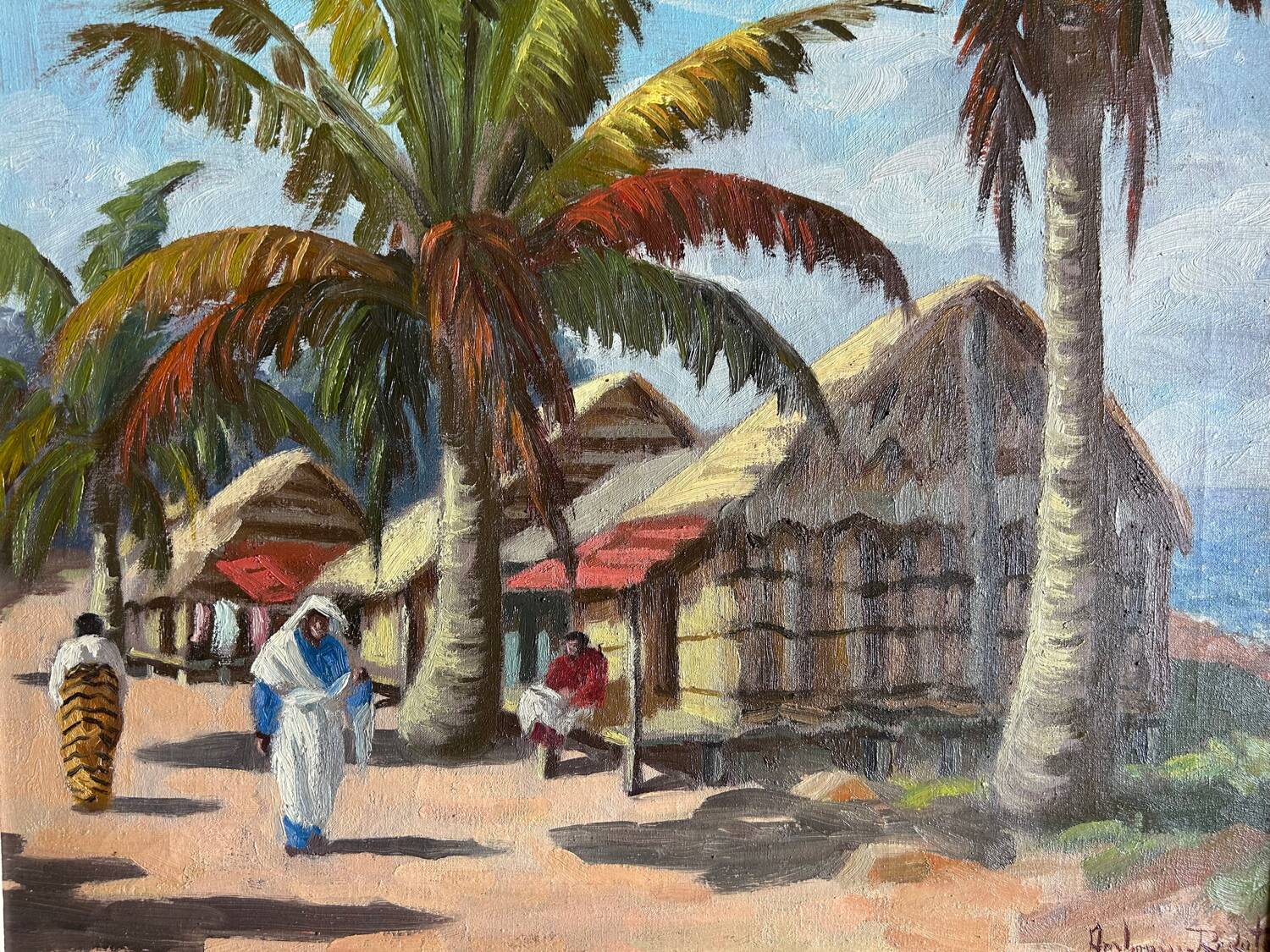 Village malgache, peinture à l'huile originale d'Ambroise Rakoto, vers 1955.