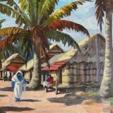 Village malgache, peinture à l'huile originale d'Ambroise Rakoto, vers 1955.