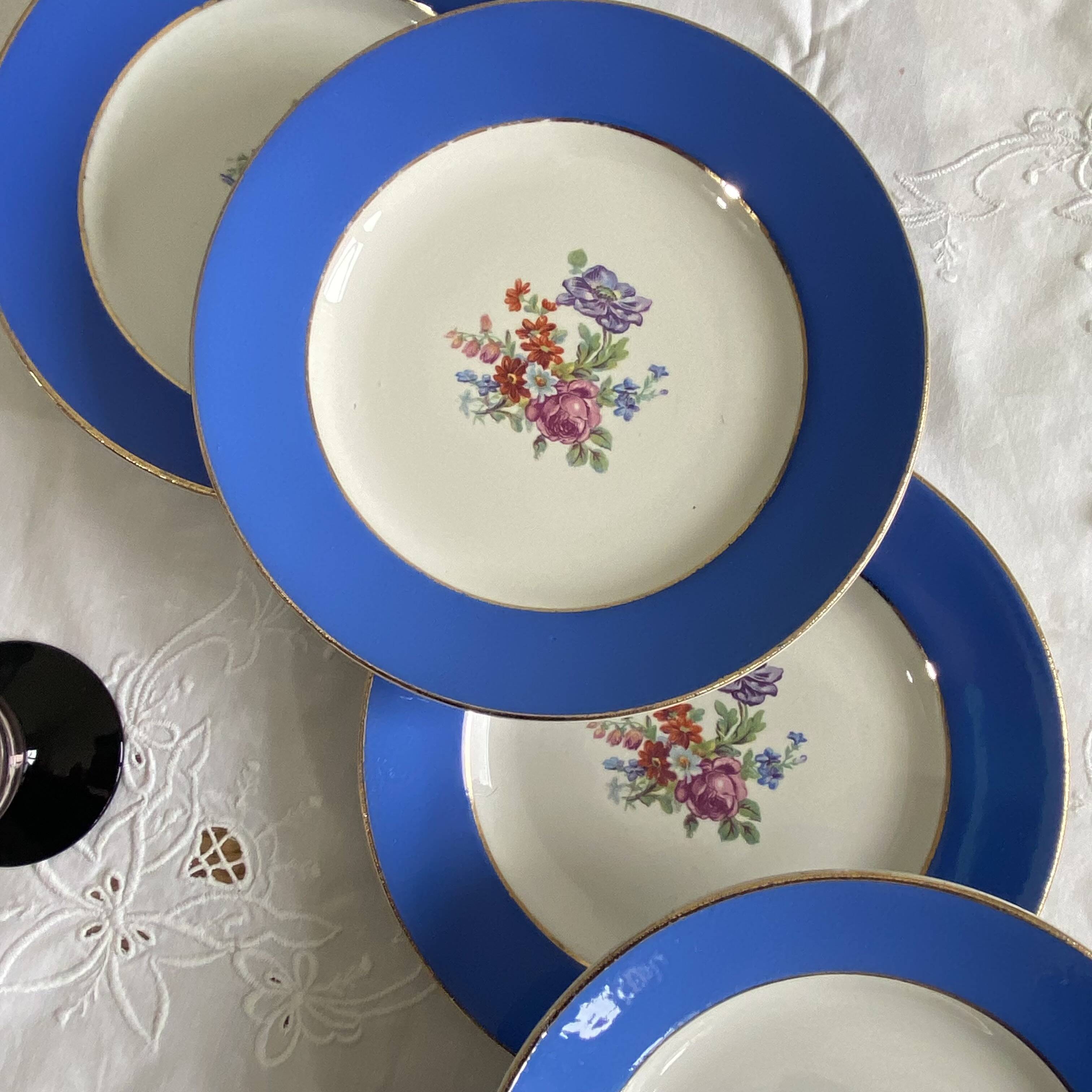6 antique blue ceramic dessert plates with flowers and gilding from Saint Amand Hamage.