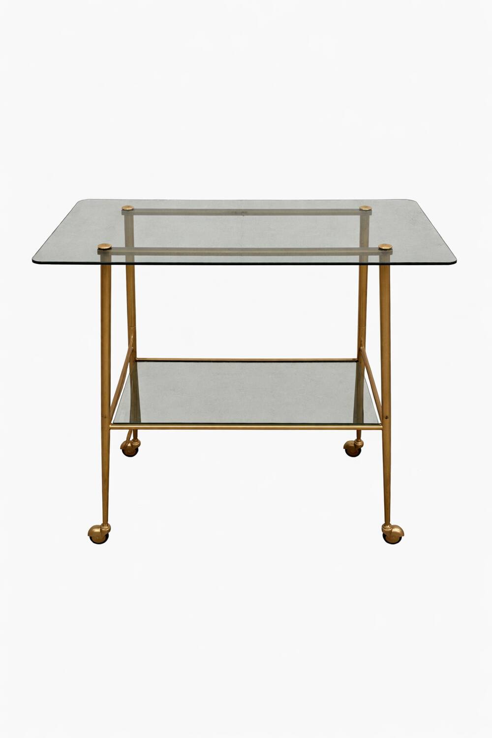 Vintage 1970s glass and gold rolling console table.