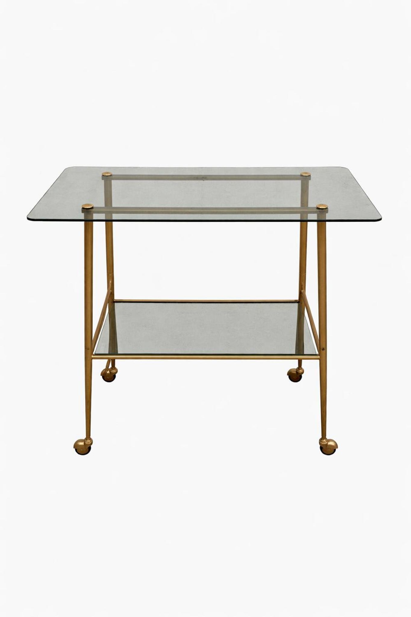 Vintage 1970s glass and gold rolling console table.