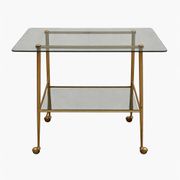 Vintage 1970s glass and gold rolling console table.