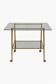Vintage 1970s glass and gold rolling console table.