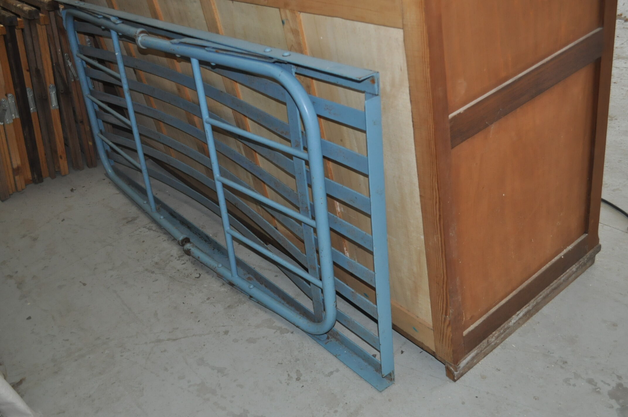Blue iron bed.