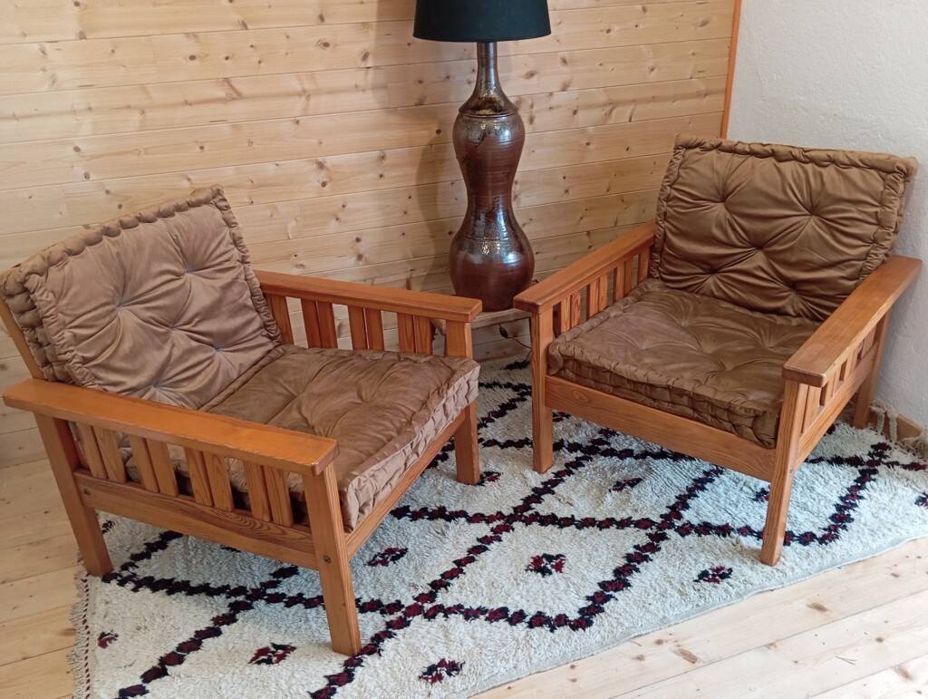 Pair of 70s pine armchairs