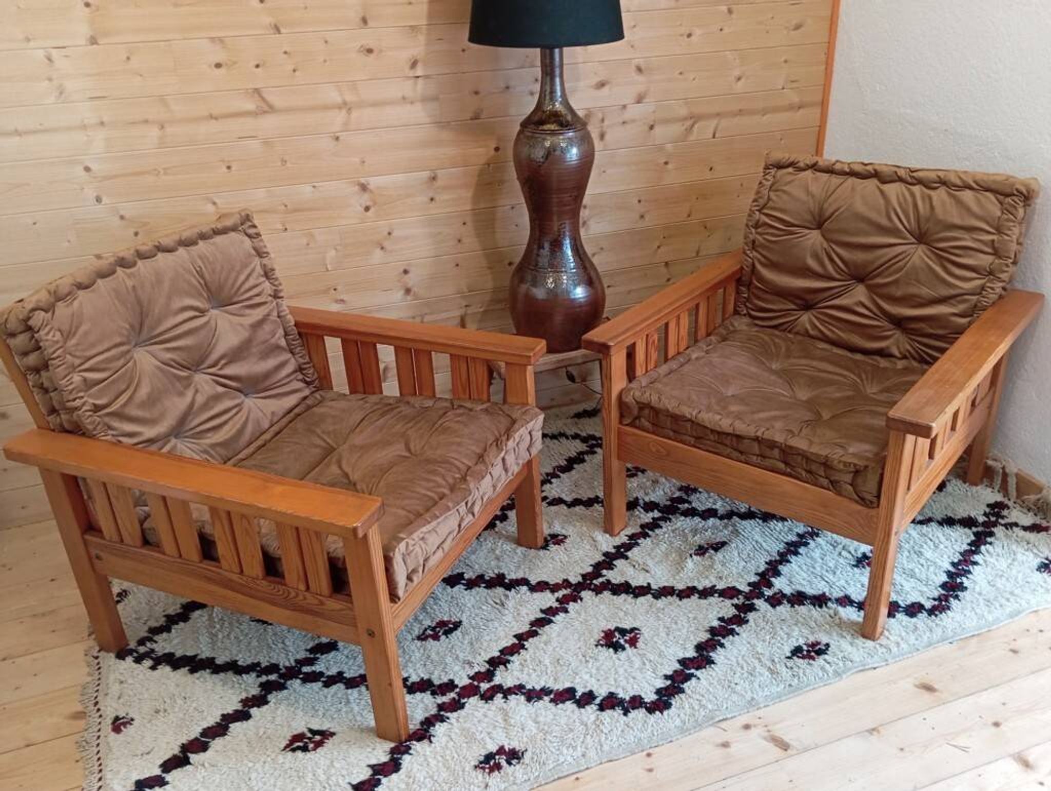 Pair of 70s pine armchairs