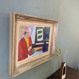 « Window Seat » moderne du milieu du siècle, peinture à l’huile intérieure figurative suédoise, encadrée