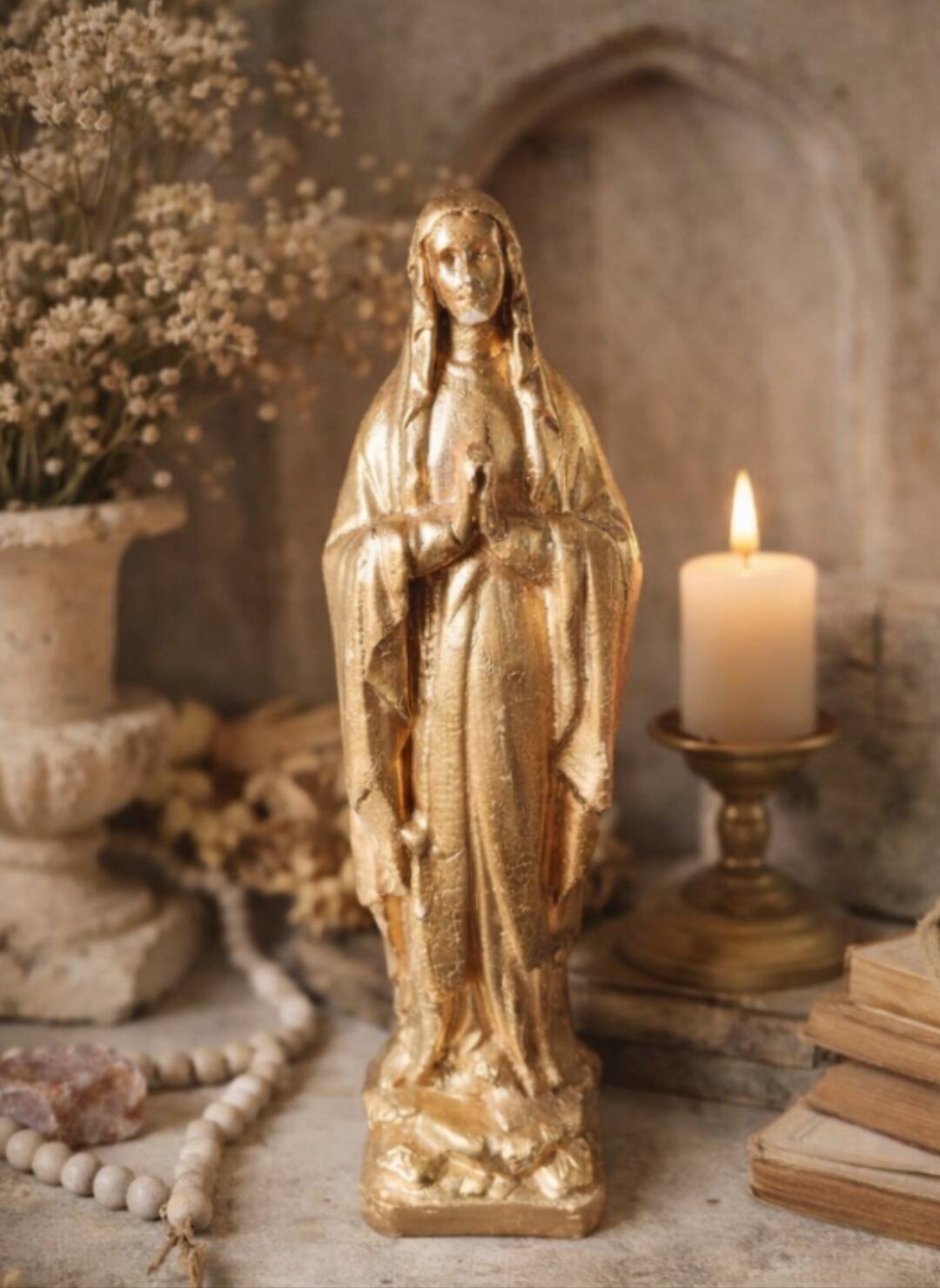 Golden Virgin Mary – Antique patinated plaster statue