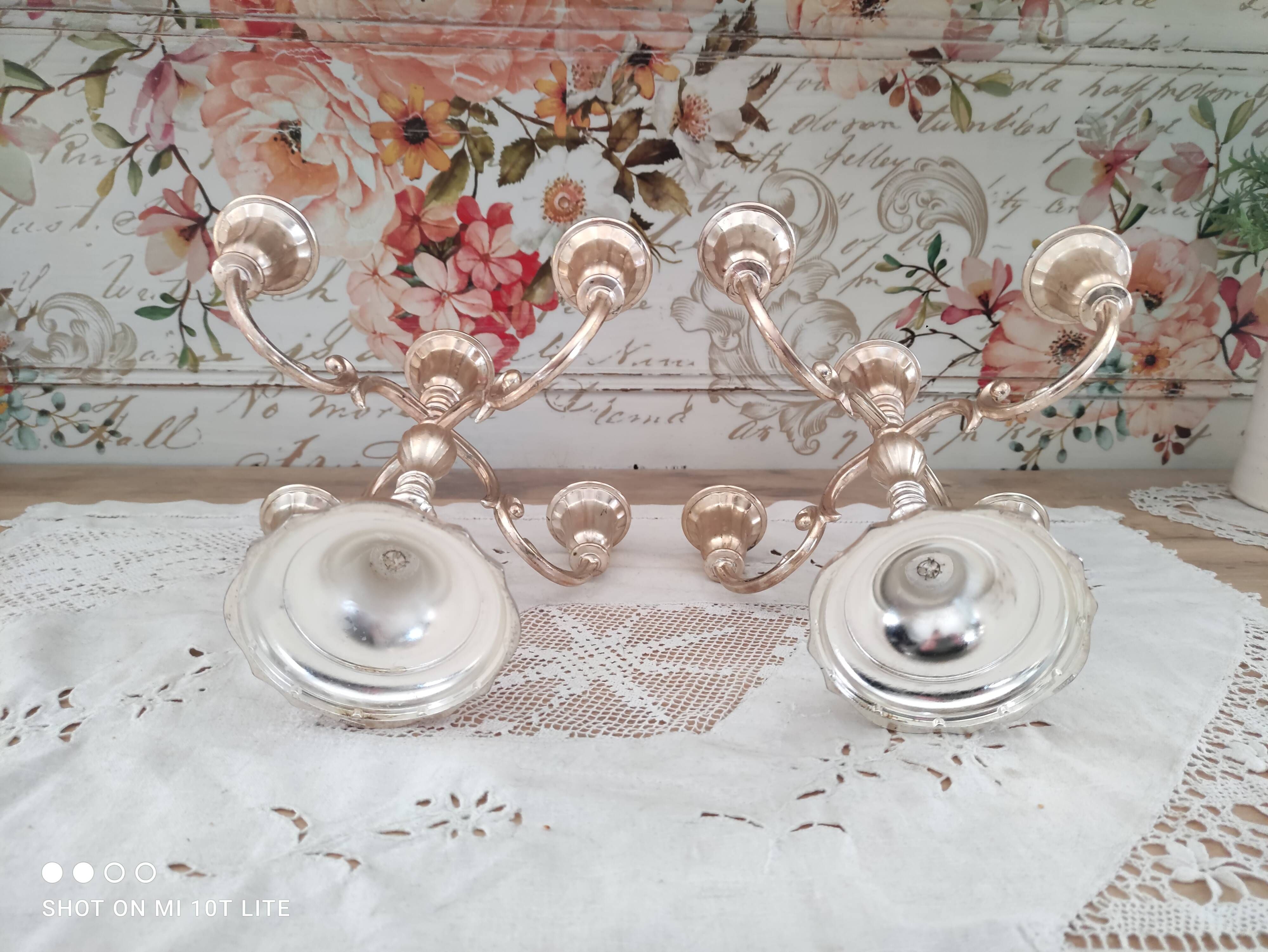 Set of 2 5-branched candlesticks in silver metal Versilbert 1950s