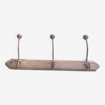 Wall coat rack, 3 hooks, in wood and metal art deco